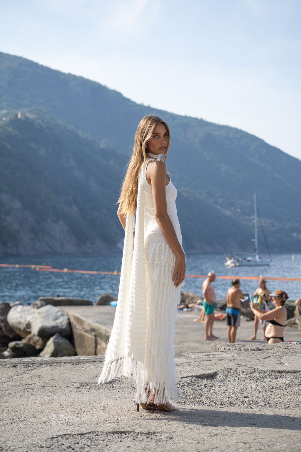 Ivory Phoebe Fringe Midi Dress in Granada