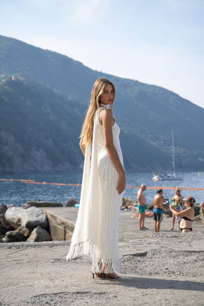 Ivory Phoebe Fringe Midi Dress in Granada