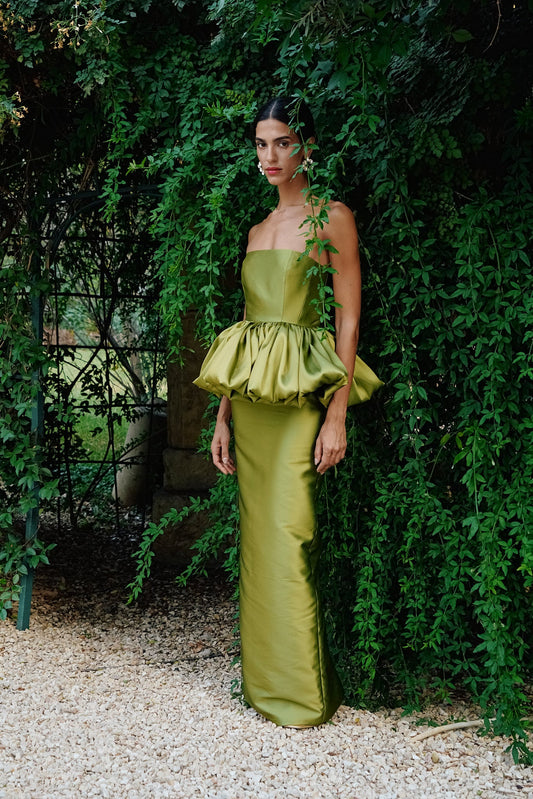green mikado Tulipe Imperial Silk Charmeuse Gown