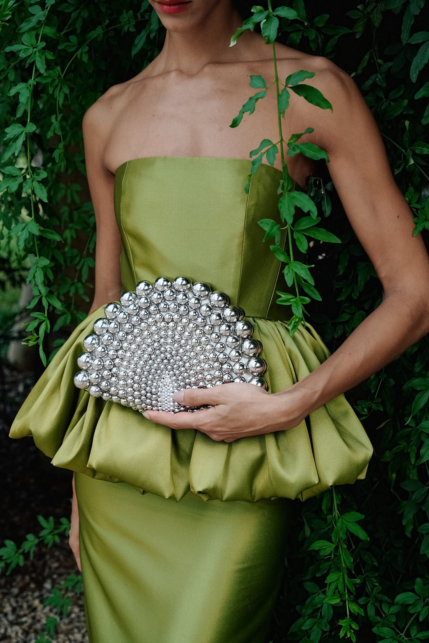 green mikado Tulipe Imperial Silk Charmeuse Gown