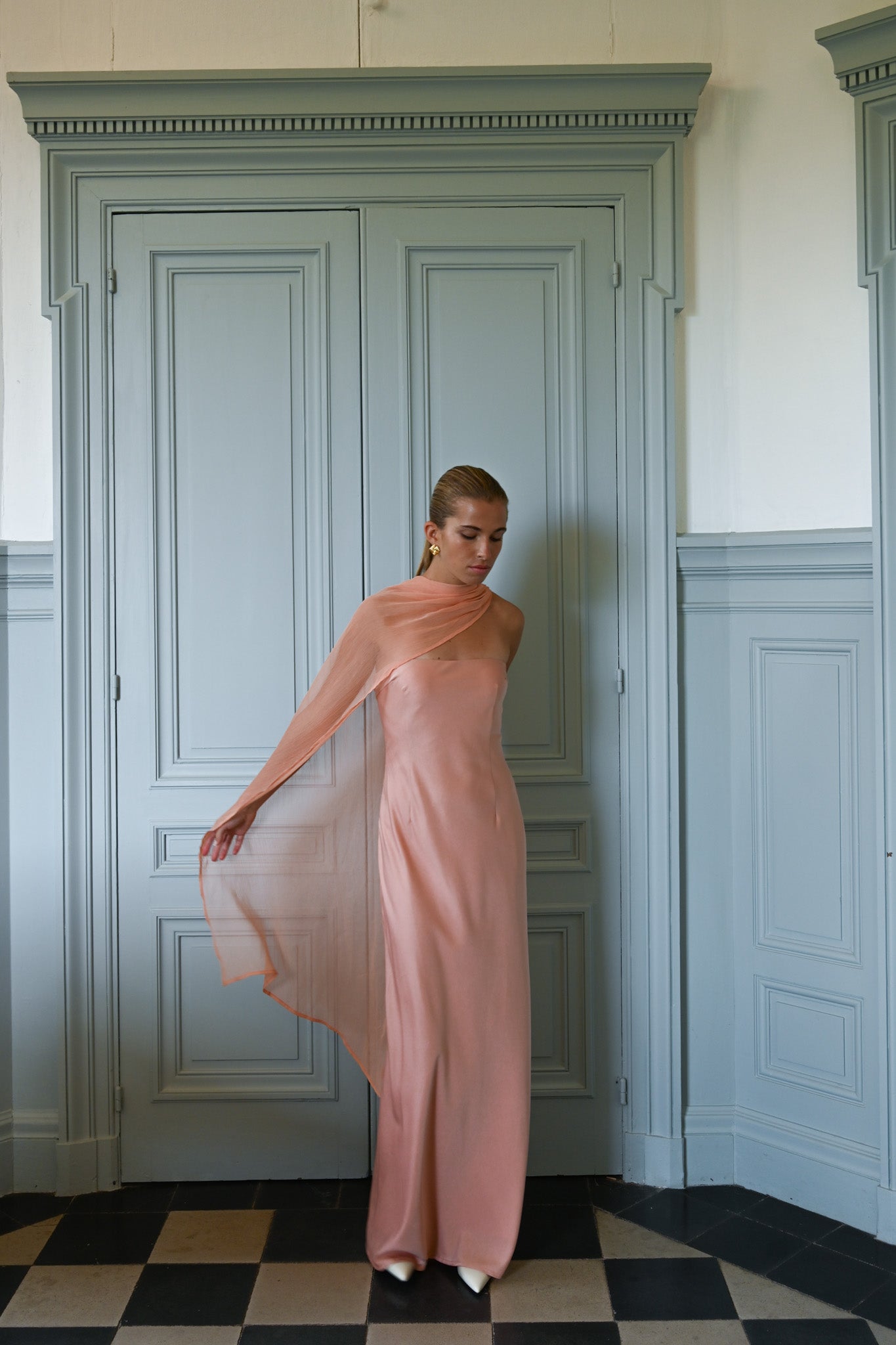 Peach Vittoria Cape Dress in Peach