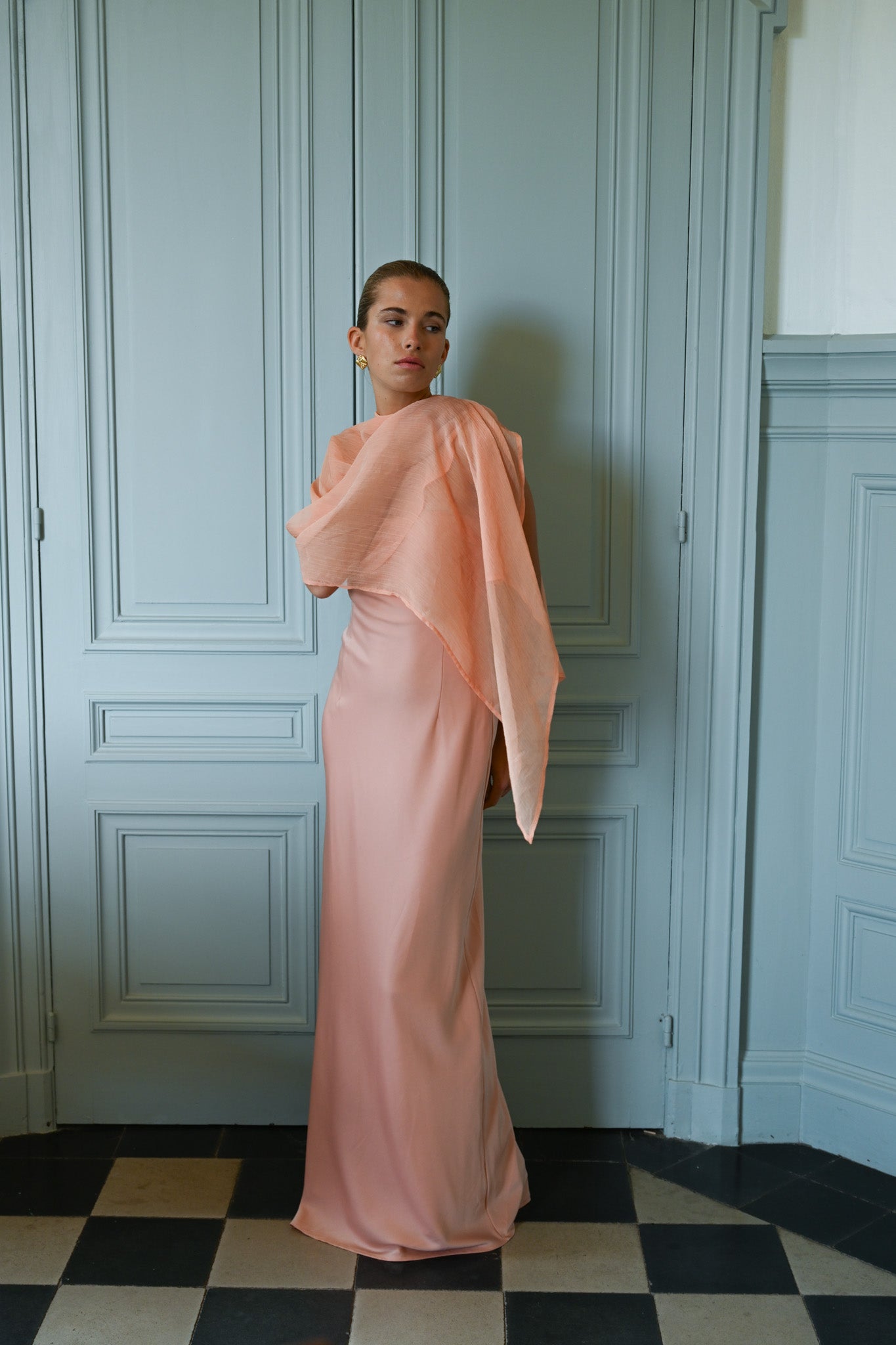 Peach Vittoria Cape Dress in Peach