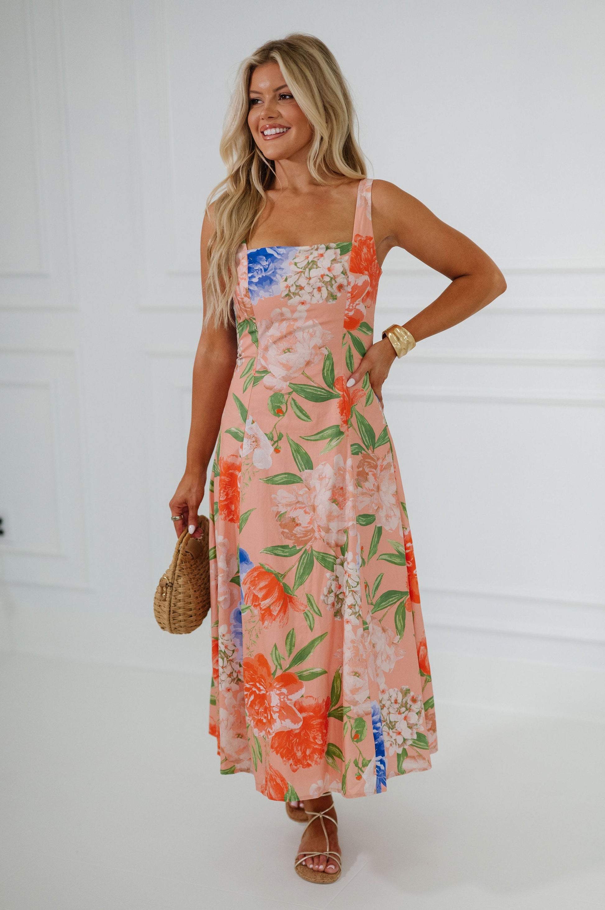 Peach Arabella Floral Midi Dress in Peach
