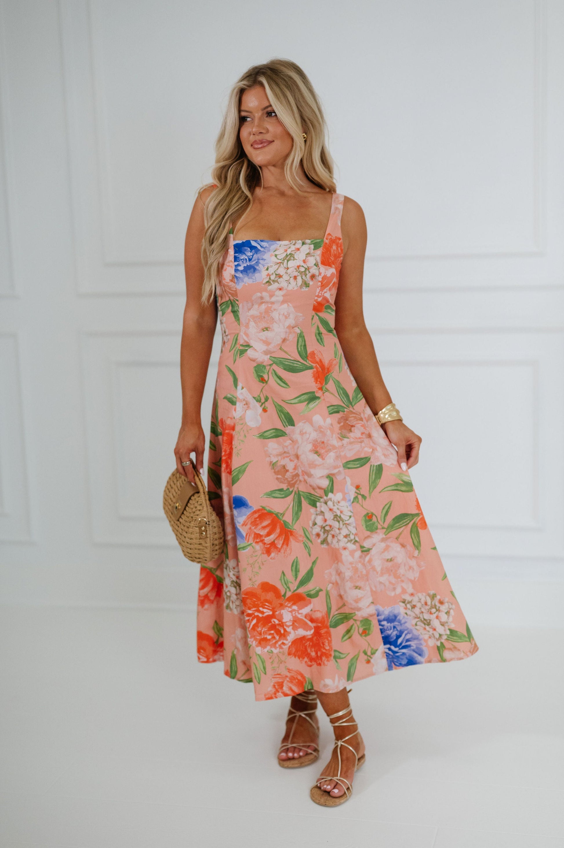 Peach Arabella Floral Midi Dress in Peach