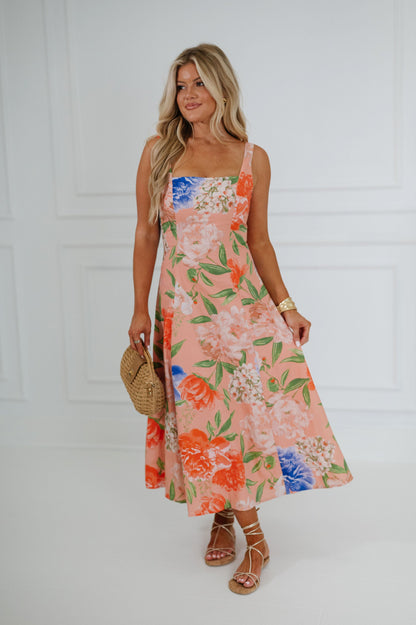 Peach Arabella Floral Midi Dress in Peach