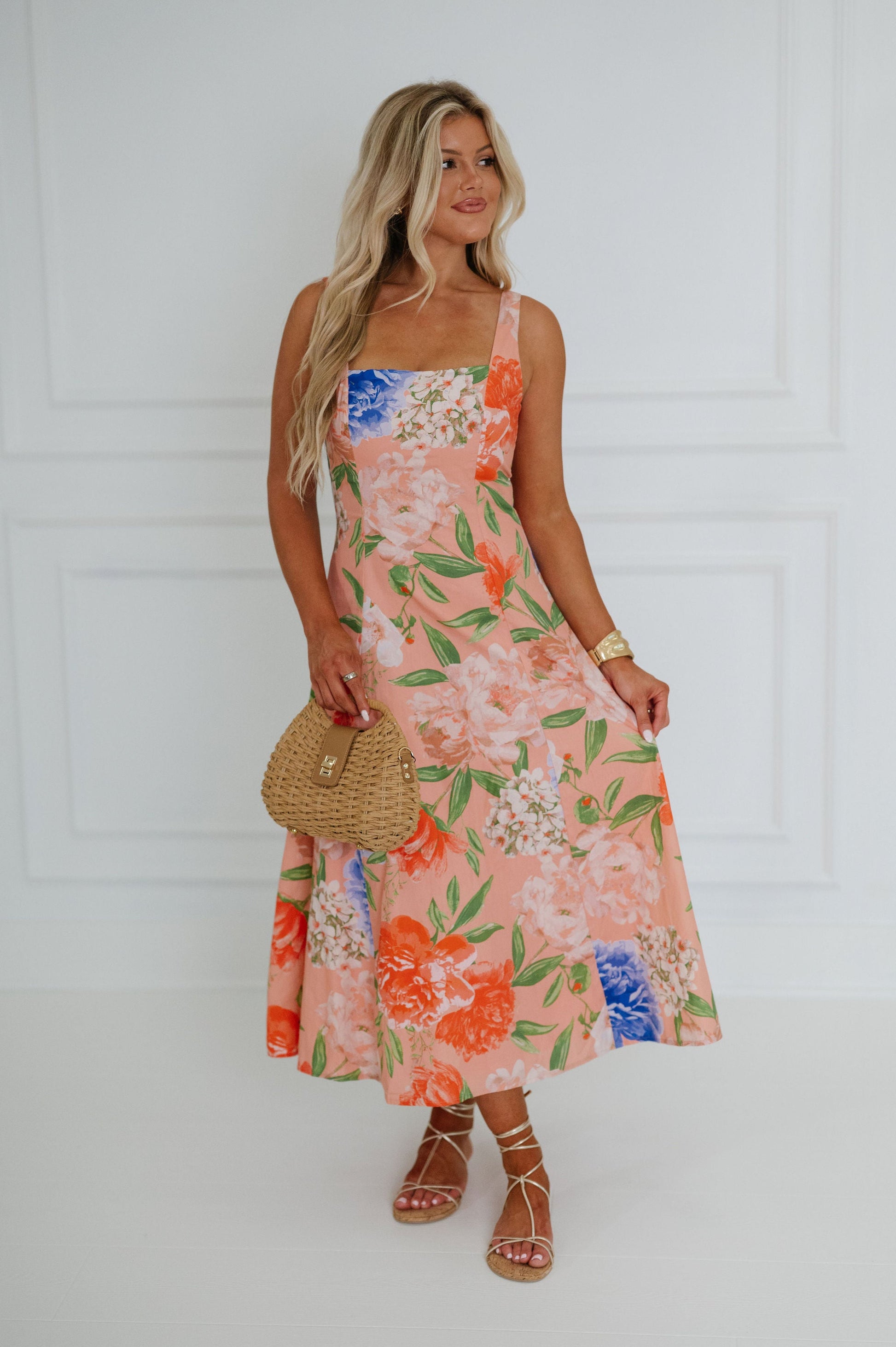 Peach Arabella Floral Midi Dress in Peach