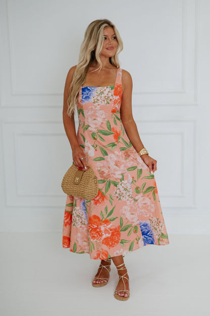 Peach Arabella Floral Midi Dress in Peach