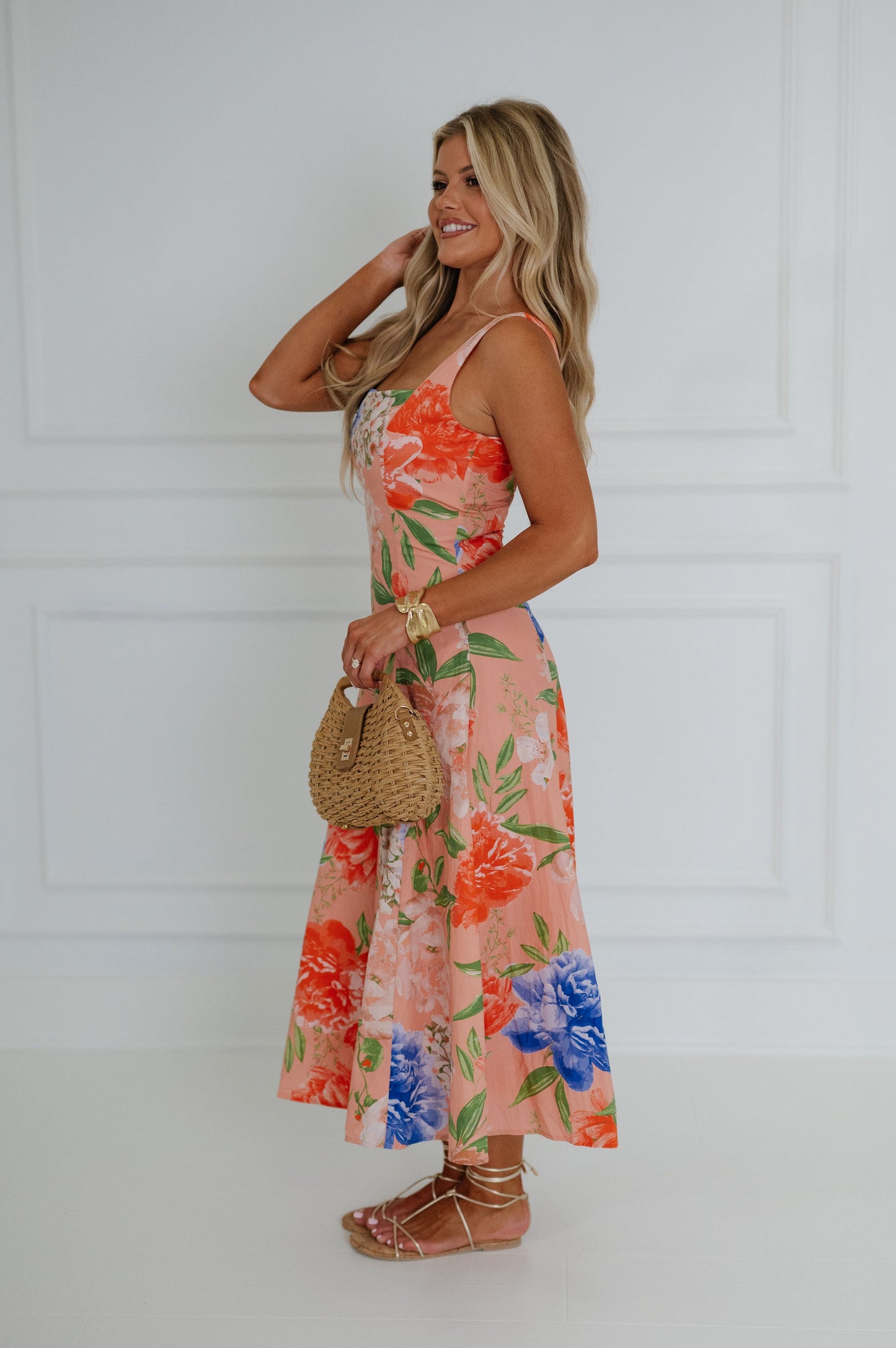 Peach Arabella Floral Midi Dress in Peach