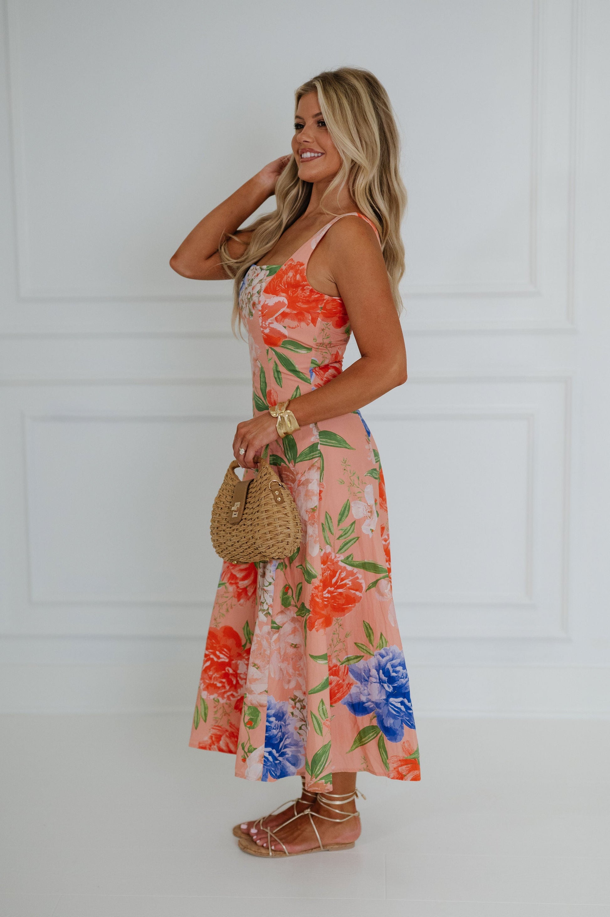 Peach Arabella Floral Midi Dress in Peach