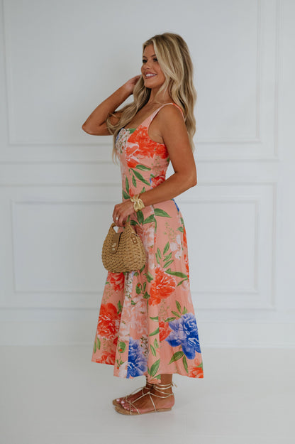 Peach Arabella Floral Midi Dress in Peach