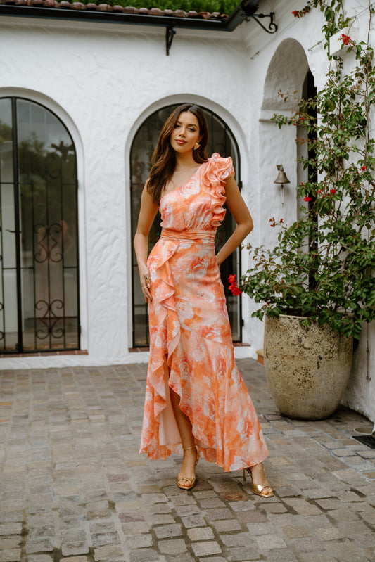 Shoulder Ruffle Maxi Dress Dominique One-Shoulder Ruffle Maxi Dress in Pink