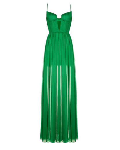 Green Vivienne Draped Chiffon Maxi Dress