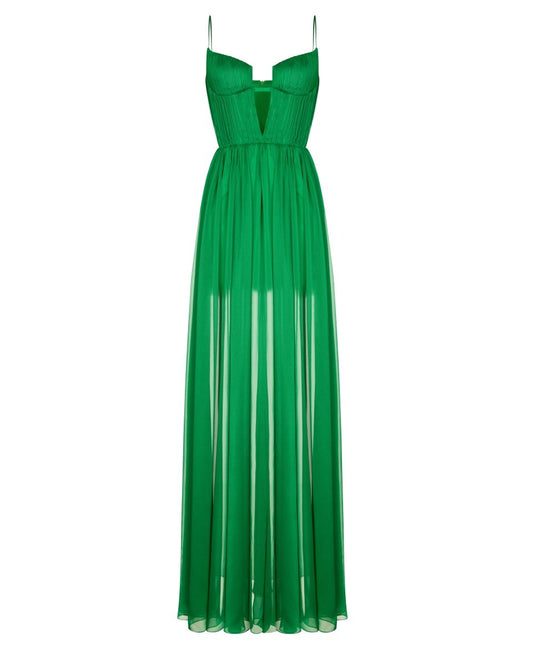 Green Vivienne Draped Chiffon Maxi Dress