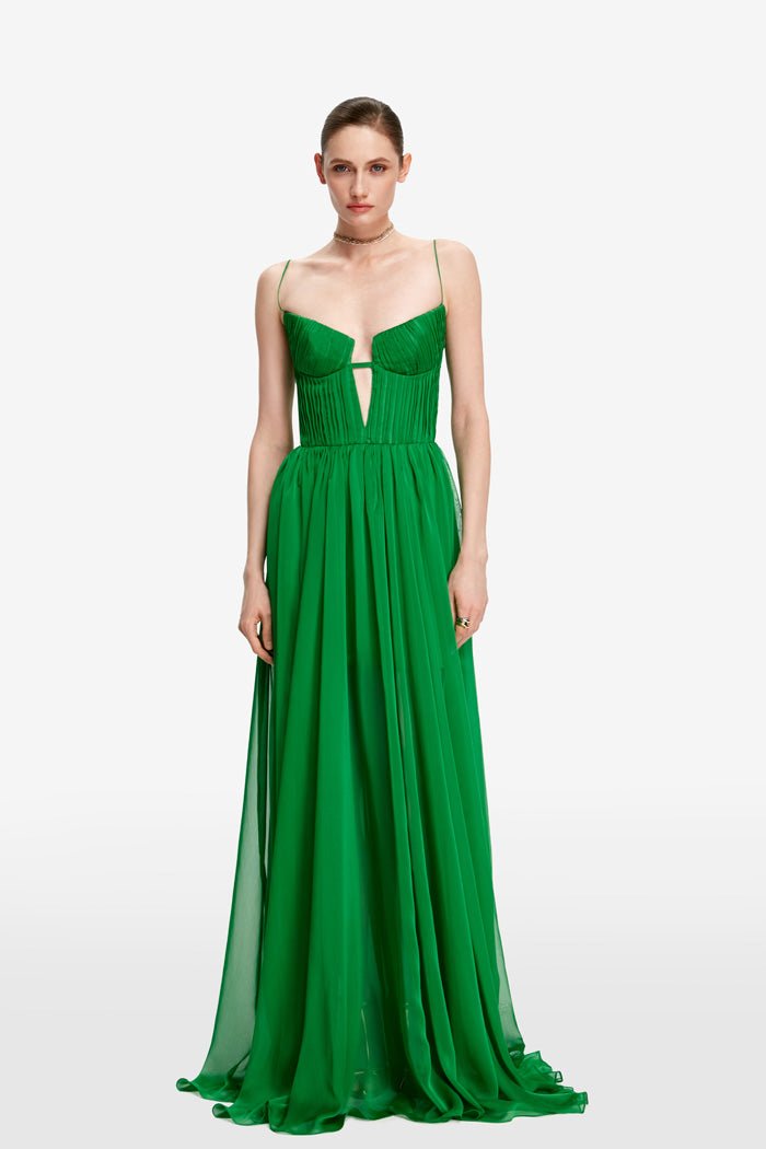 Green Vivienne Draped Chiffon Maxi Dress