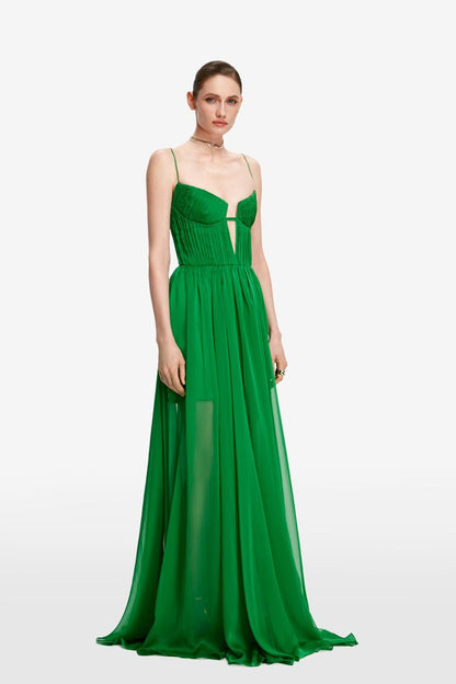 Green Vivienne Draped Chiffon Maxi Dress