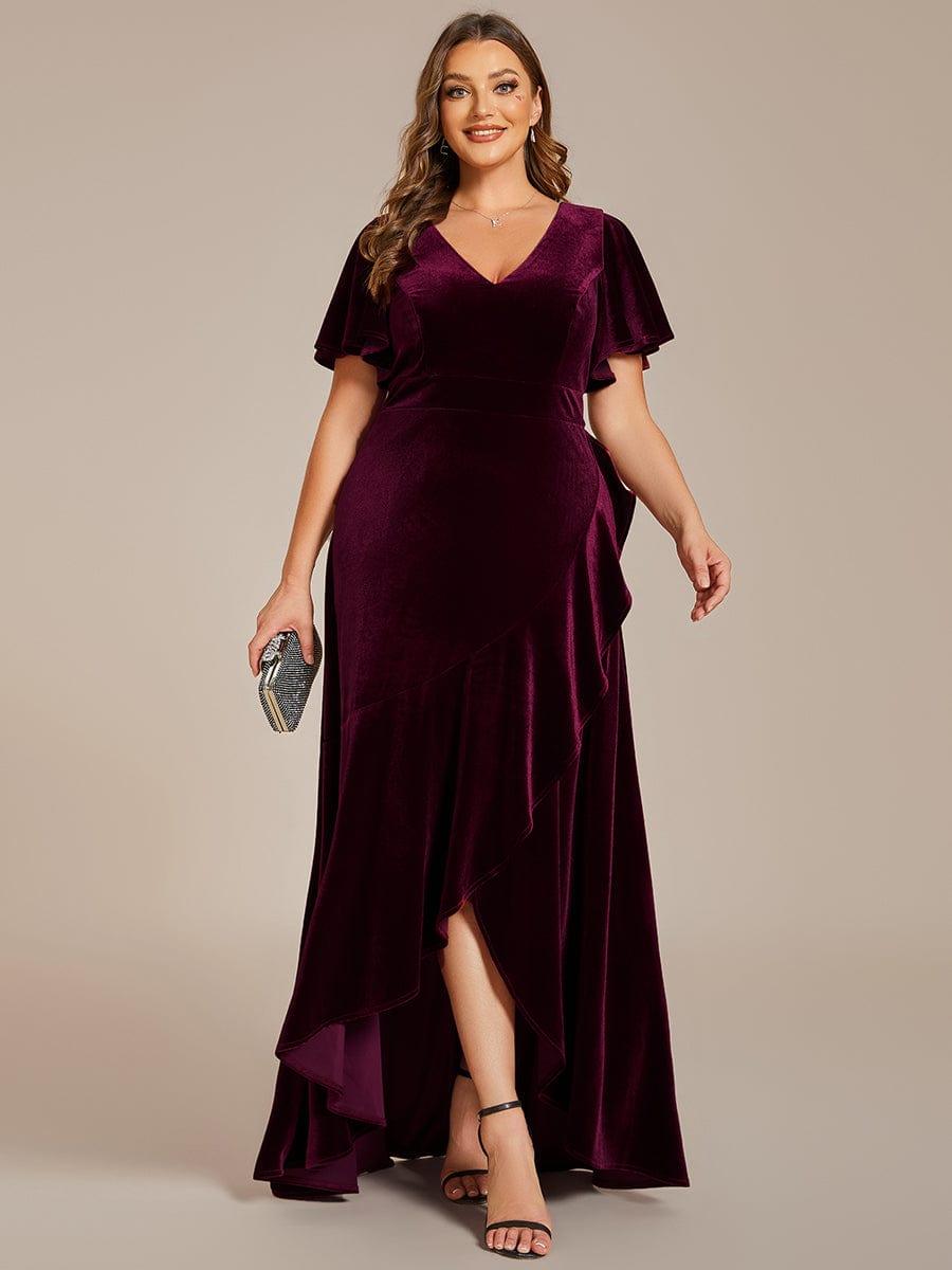 Dark Green Plus Size Lotus Leaf Hem A-Line V-Neck Ruffles Sleeve Velvet Evening Dress