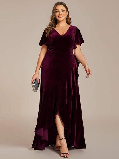 Dark Green Plus Size Lotus Leaf Hem A-Line V-Neck Ruffles Sleeve Velvet Evening Dress