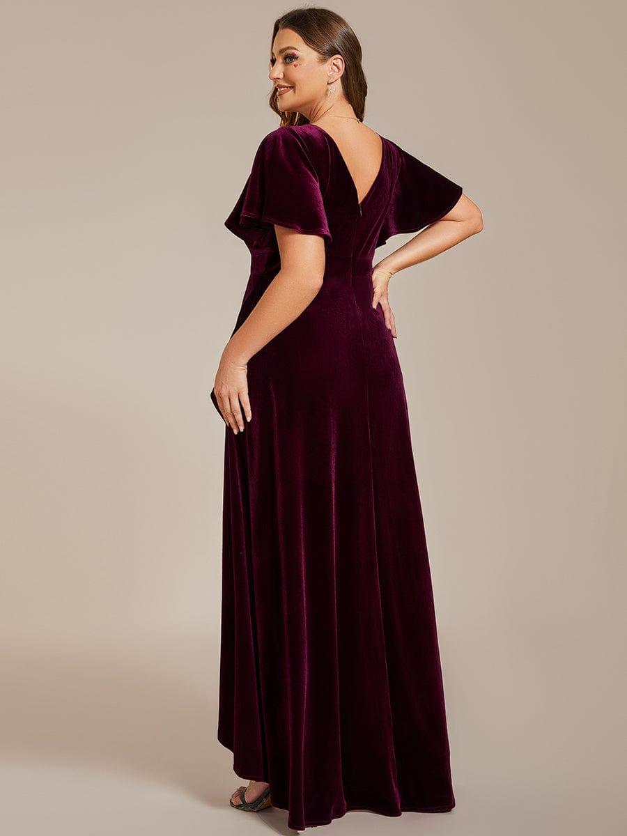 Navy Blue Plus Size Lotus Leaf Hem A-Line V-Neck Ruffles Sleeve Velvet Evening Dress