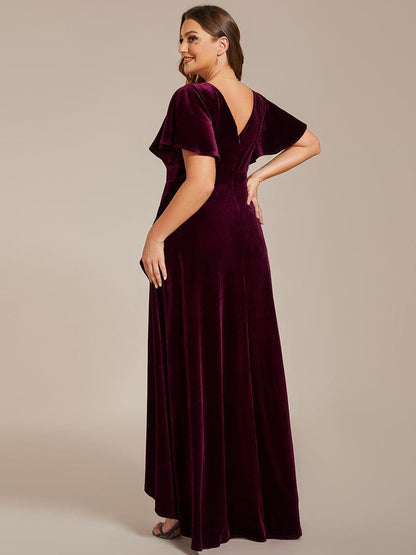 Navy Blue Plus Size Lotus Leaf Hem A-Line V-Neck Ruffles Sleeve Velvet Evening Dress