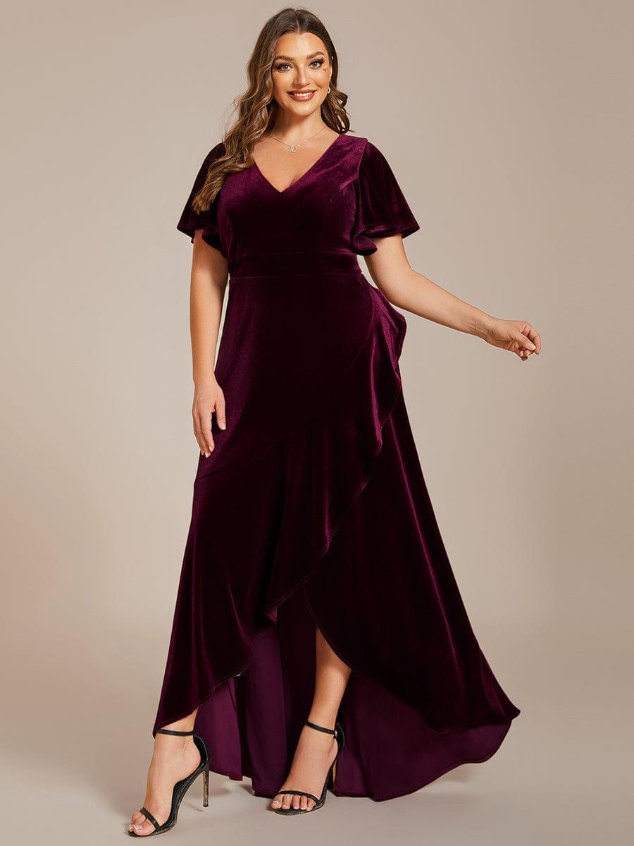 Dark Green Plus Size Lotus Leaf Hem A-Line V-Neck Ruffles Sleeve Velvet Evening Dress