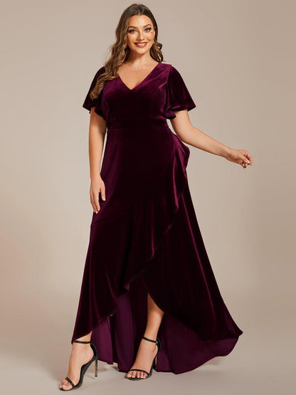Burgundy Plus Size Lotus Leaf Hem A-Line V-Neck Ruffles Sleeve Velvet Evening Dress