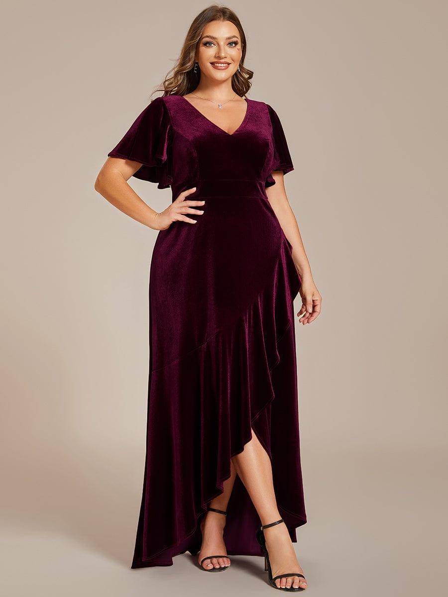 Dark Green Plus Size Lotus Leaf Hem A-Line V-Neck Ruffles Sleeve Velvet Evening Dress