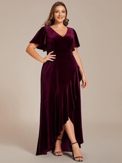 Dark Green Plus Size Lotus Leaf Hem A-Line V-Neck Ruffles Sleeve Velvet Evening Dress