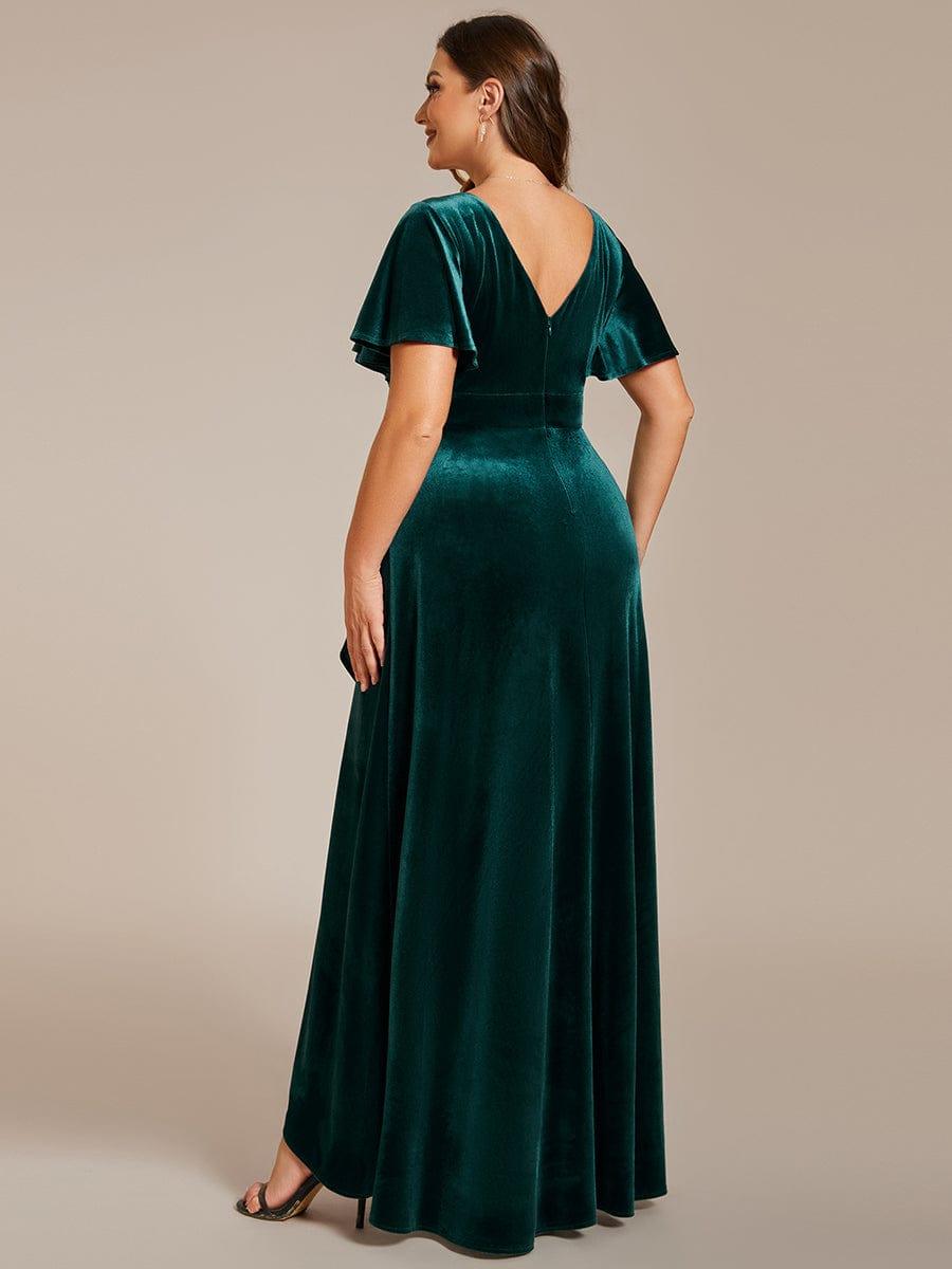 Dark Green Plus Size Lotus Leaf Hem A-Line V-Neck Ruffles Sleeve Velvet Evening Dress