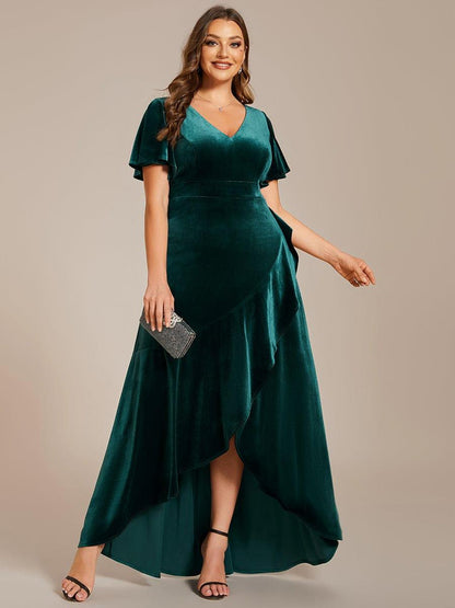 Burgundy Plus Size Lotus Leaf Hem A-Line V-Neck Ruffles Sleeve Velvet Evening Dress