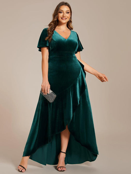 Dark Green Plus Size Lotus Leaf Hem A-Line V-Neck Ruffles Sleeve Velvet Evening Dress