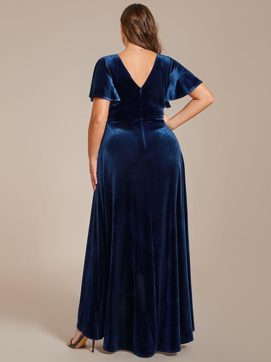 Dark Green Plus Size Lotus Leaf Hem A-Line V-Neck Ruffles Sleeve Velvet Evening Dress