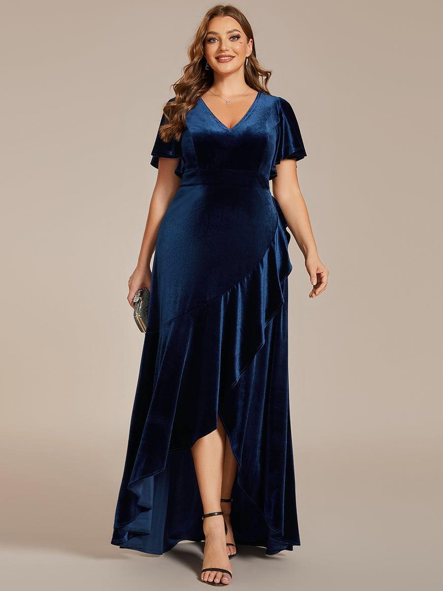 Navy Blue Plus Size Lotus Leaf Hem A-Line V-Neck Ruffles Sleeve Velvet Evening Dress