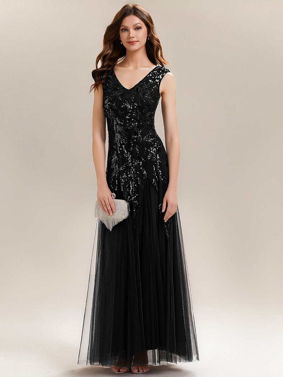 Black Freya Embroidered Sequin Evening Dress