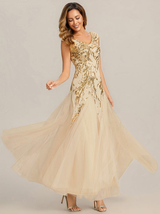 Gold Freya Embroidered Sequin Evening Dress