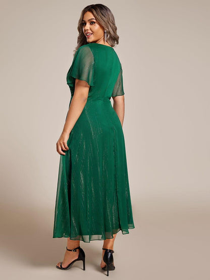 Dark Green Opal Silver Metallic A-Line Wedding Guest Dress