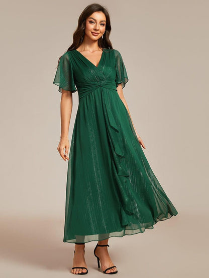 Dark Green Opal Silver Metallic A-Line Wedding Guest Dress