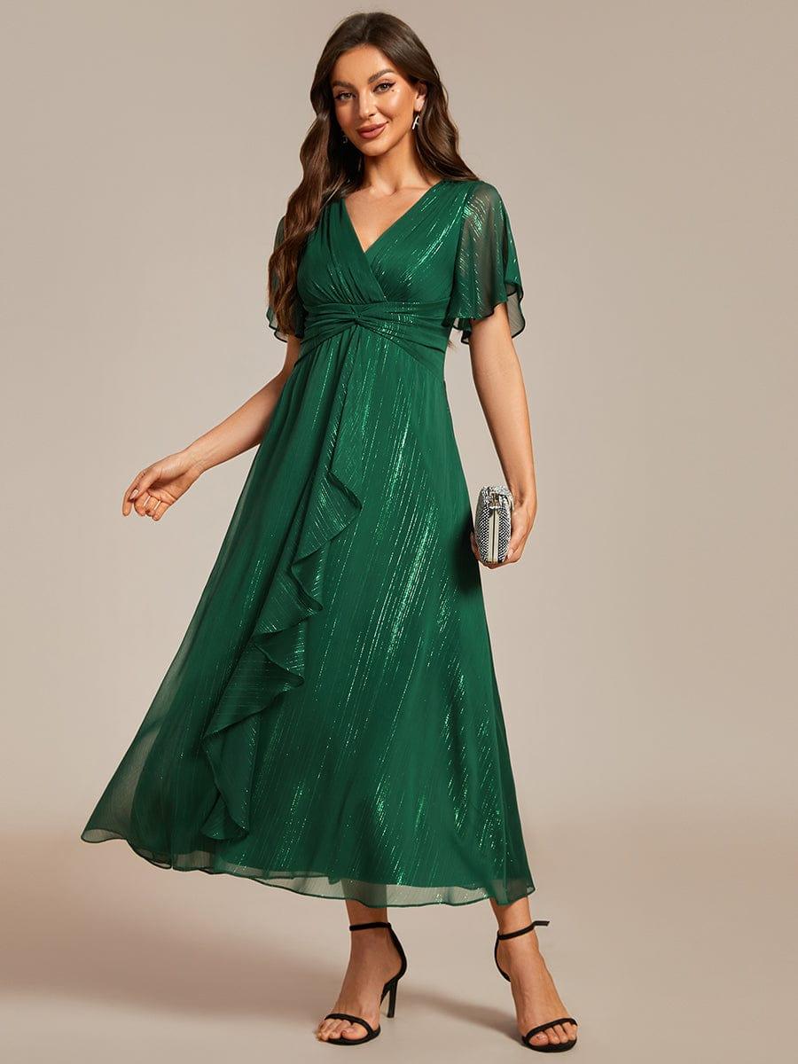 Dark Green Opal Silver Metallic A-Line Wedding Guest Dress