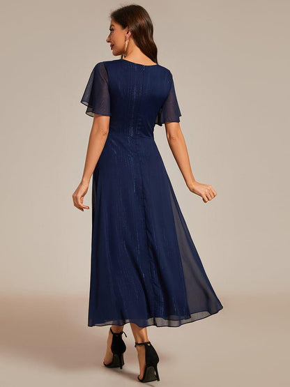 Navy Blue Opal Silver Metallic A-Line Wedding Guest Dress