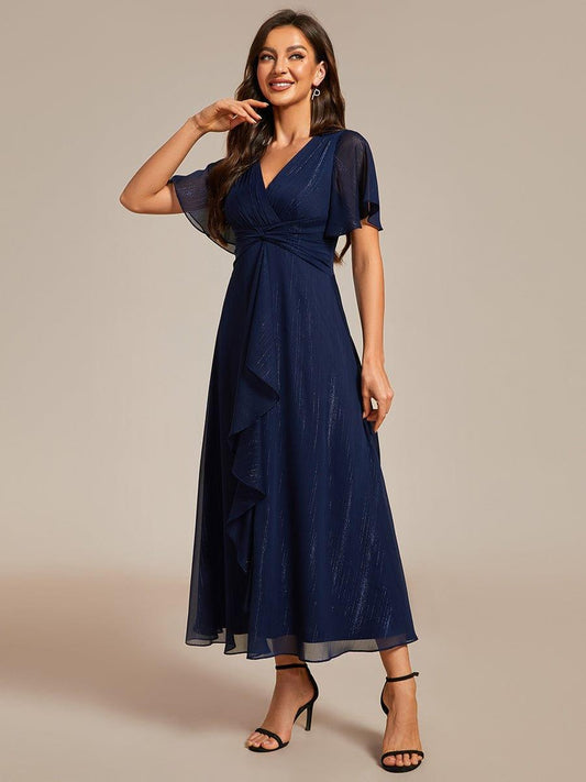 Navy Blue Opal Silver Metallic A-Line Wedding Guest Dress