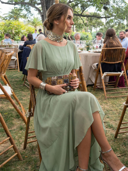 Teal Blue Ever Sage Ruched Chiffon Dress