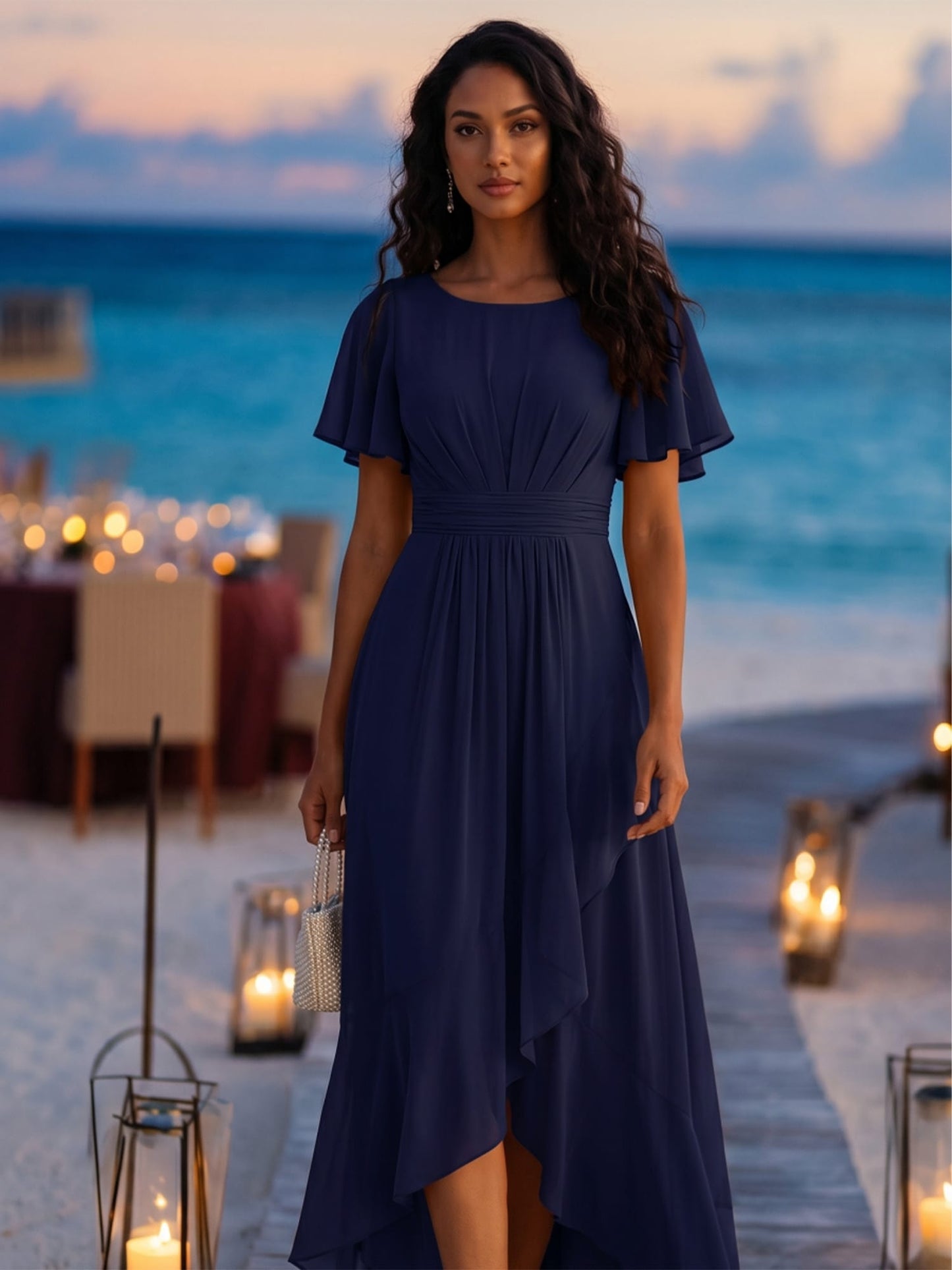 Dusty Blue Ever Sage Ruched Chiffon Dress