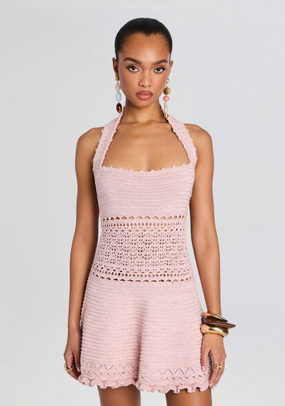 Metallic Baby Pink Agnie Crochet Midi Dress