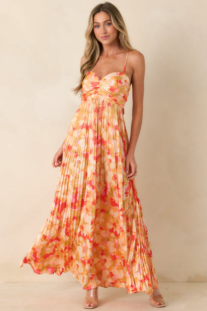 Sunshine Peach & Red Multi Satin Finish Pleated Maxi Dress Aurelia Painted Satin Pleated Maxi Dress