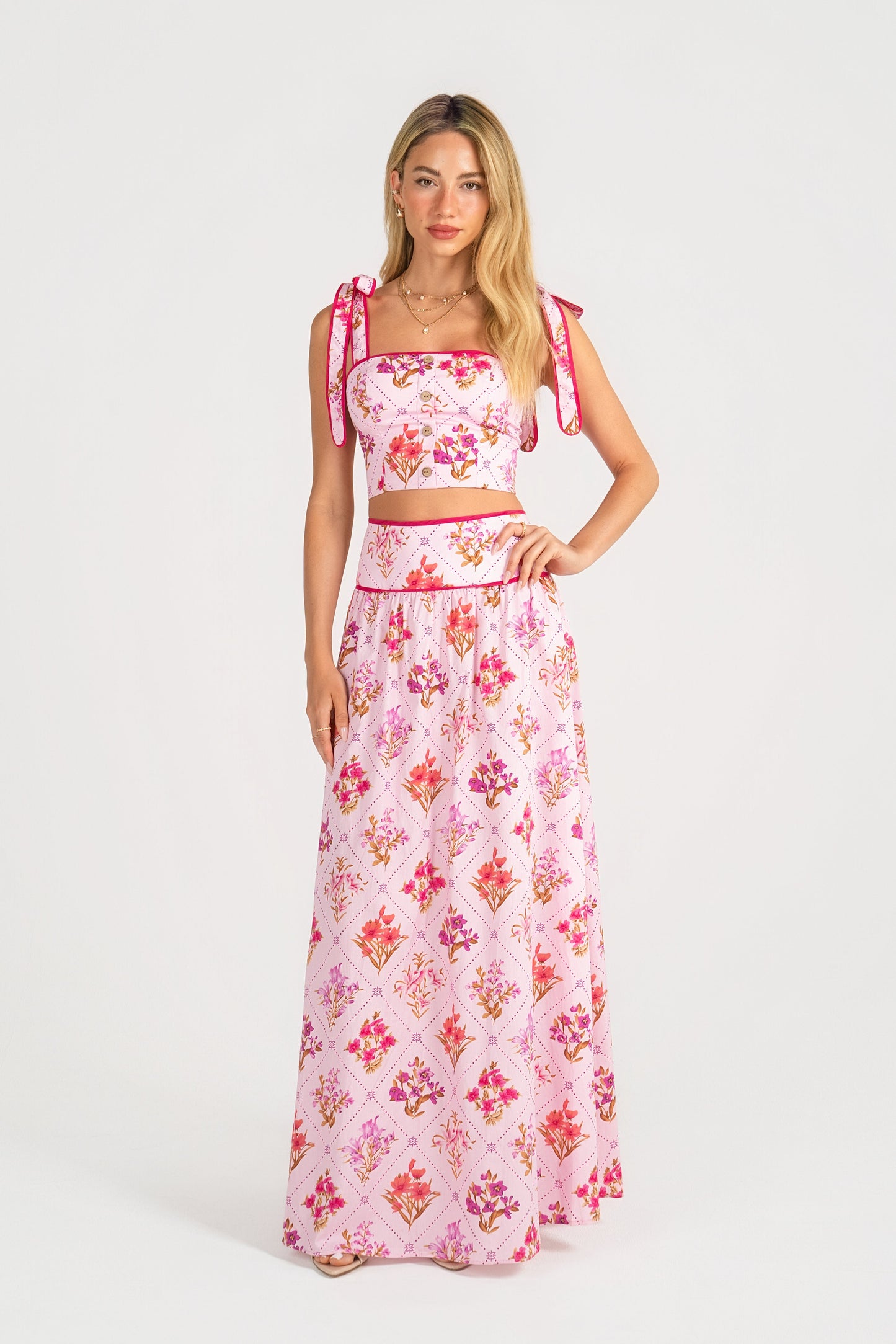Adjustable Tie Cropped Top & Maxi Skirt Everly Floral Two-Piece Dress