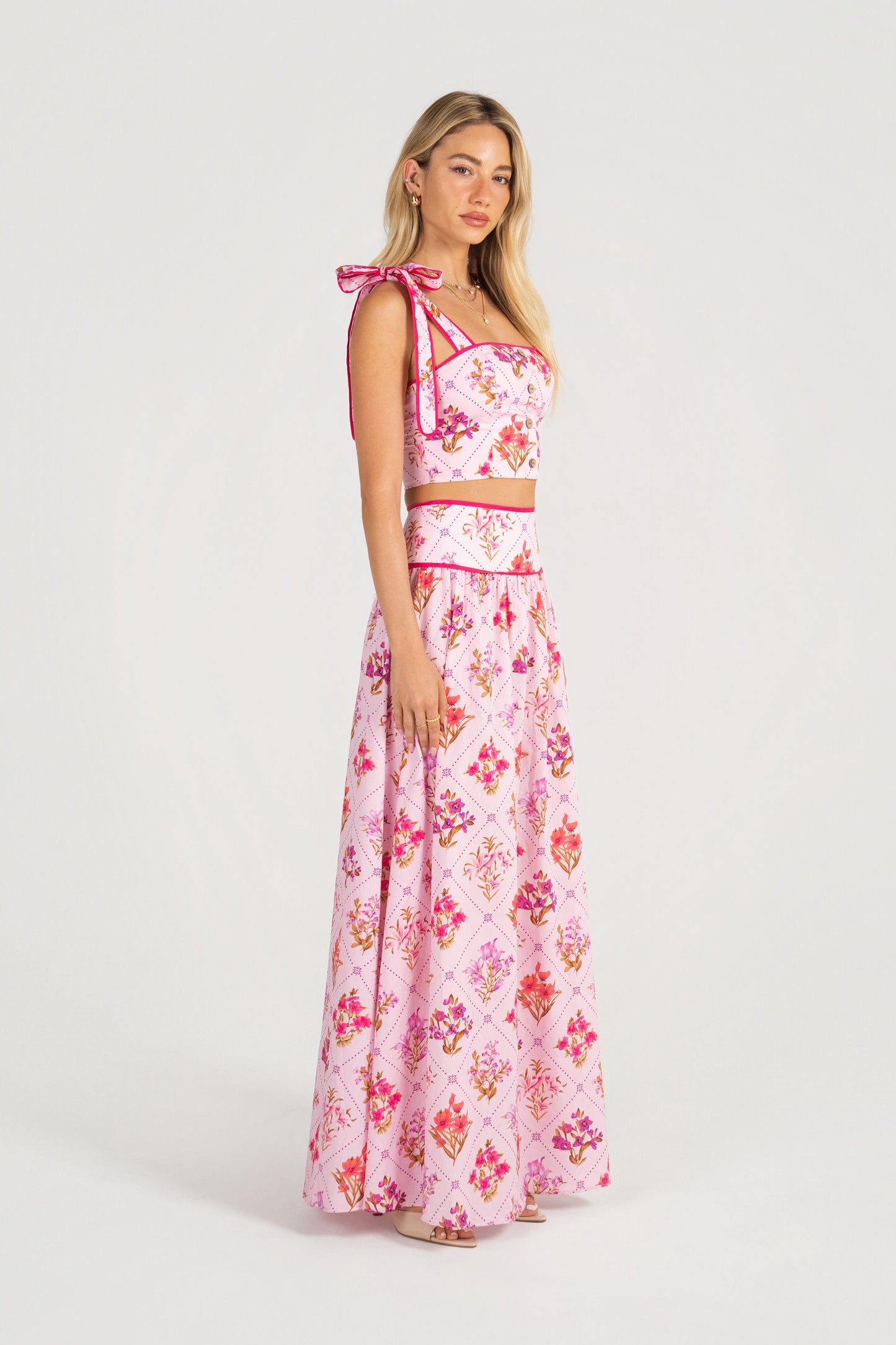 Adjustable Tie Cropped Top & Maxi Skirt Everly Floral Two-Piece Dress