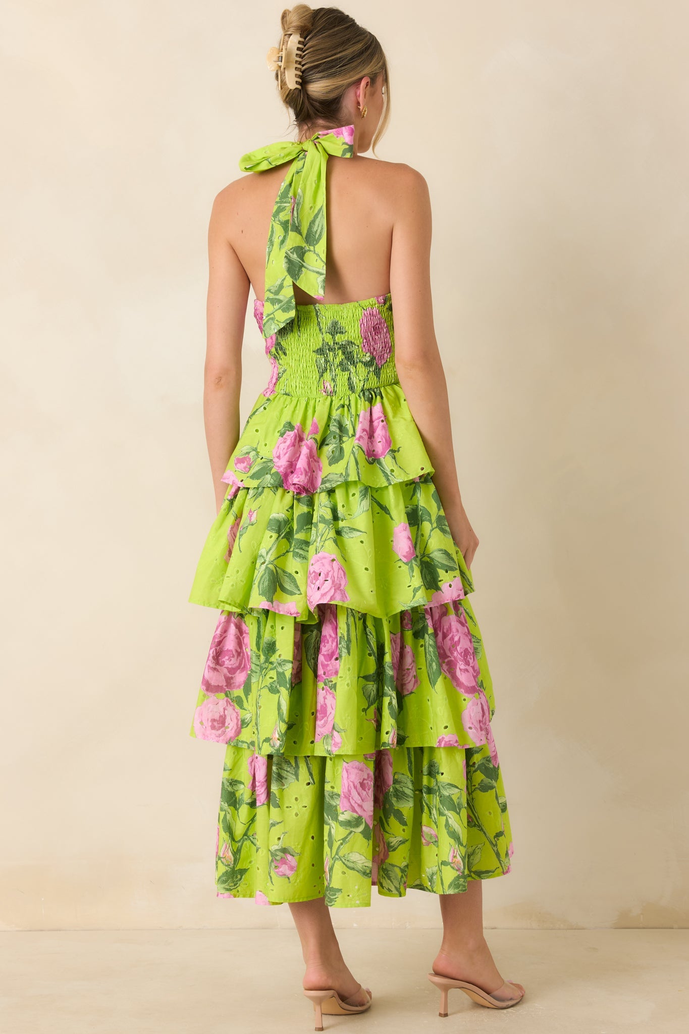Chartreuse Adelaide Floral Cotton Halter Midi Dress