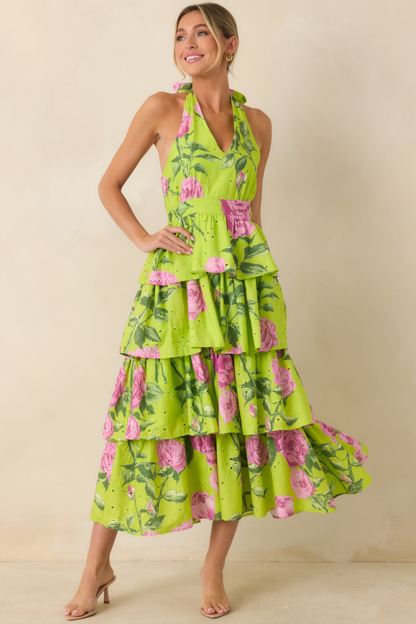 Chartreuse Adelaide Floral Cotton Halter Midi Dress