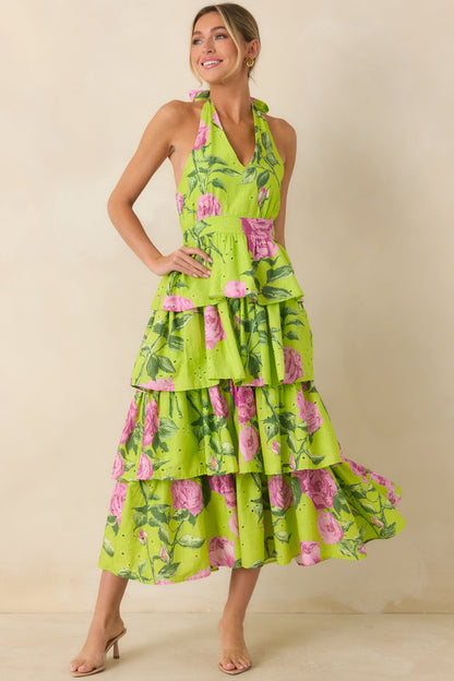 Chartreuse Adelaide Floral Cotton Halter Midi Dress