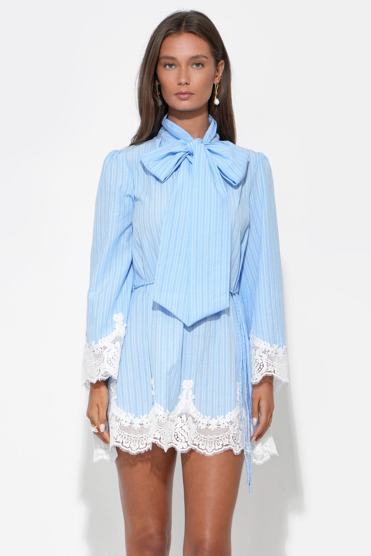 LIGHT BLUE/WHITE Victoria Tie-Neck Striped Lace Trim Mini Dress