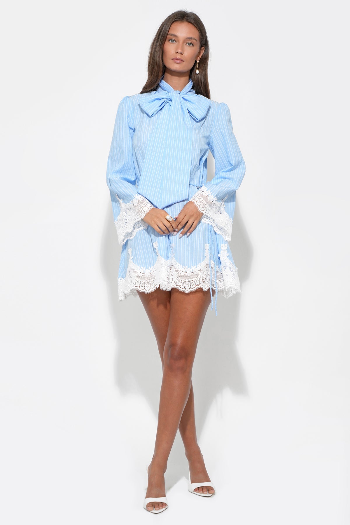 LIGHT BLUE/WHITE Victoria Tie-Neck Striped Lace Trim Mini Dress